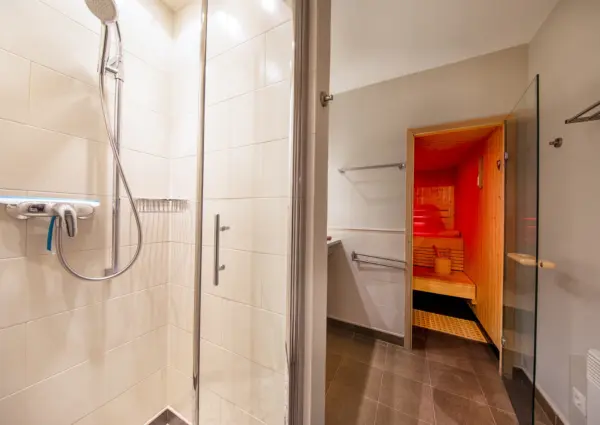 Alpen Resort Saalbach A3 Saalbach Hinterglemm badkamer met een douche en sauna